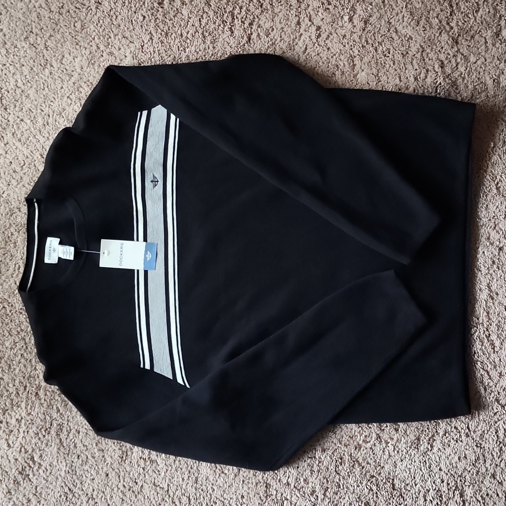 Mens dockers black grey qhite striped sweater L